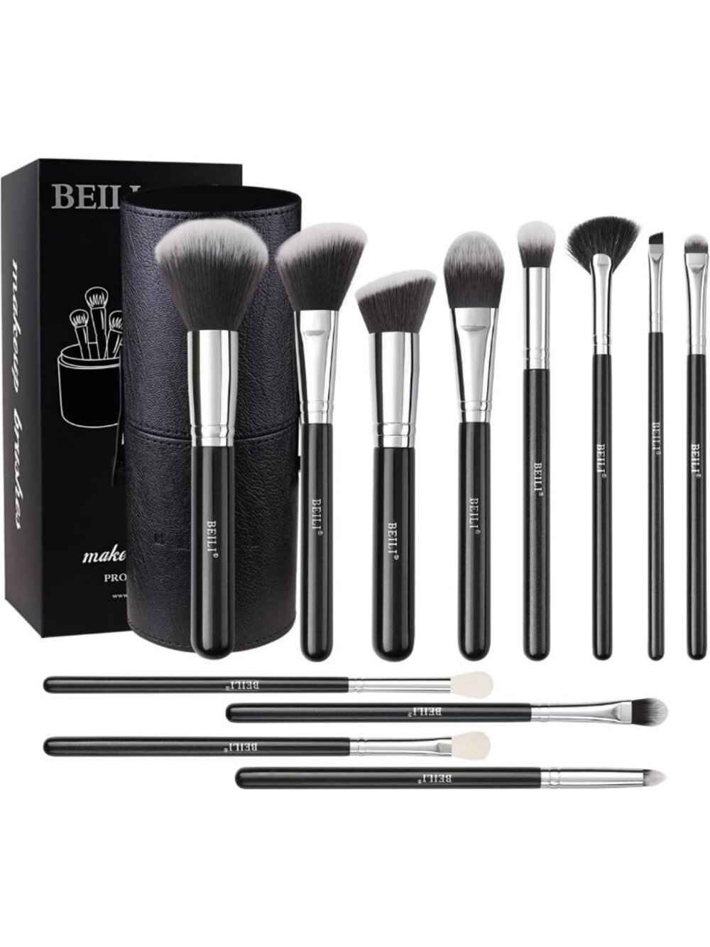 12pcs Premium Makeup Brush Set with Holder - Synthetic Kabuki, Blending & Face